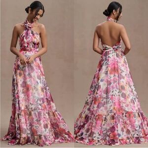 Mac Duggal 68108 Asymmetrical Ruffled Halter Floral Maxi Gown 12 White Multi